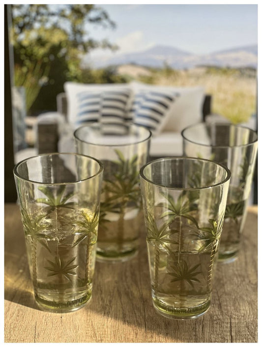 Juego de cuatro vasos altos de acrílico transparente y verde con forma de palmera