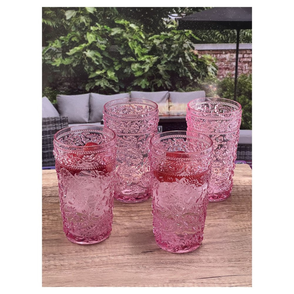 Juego de cuatro vasos altos sin tallo de acrílico con estampado paisley rosa