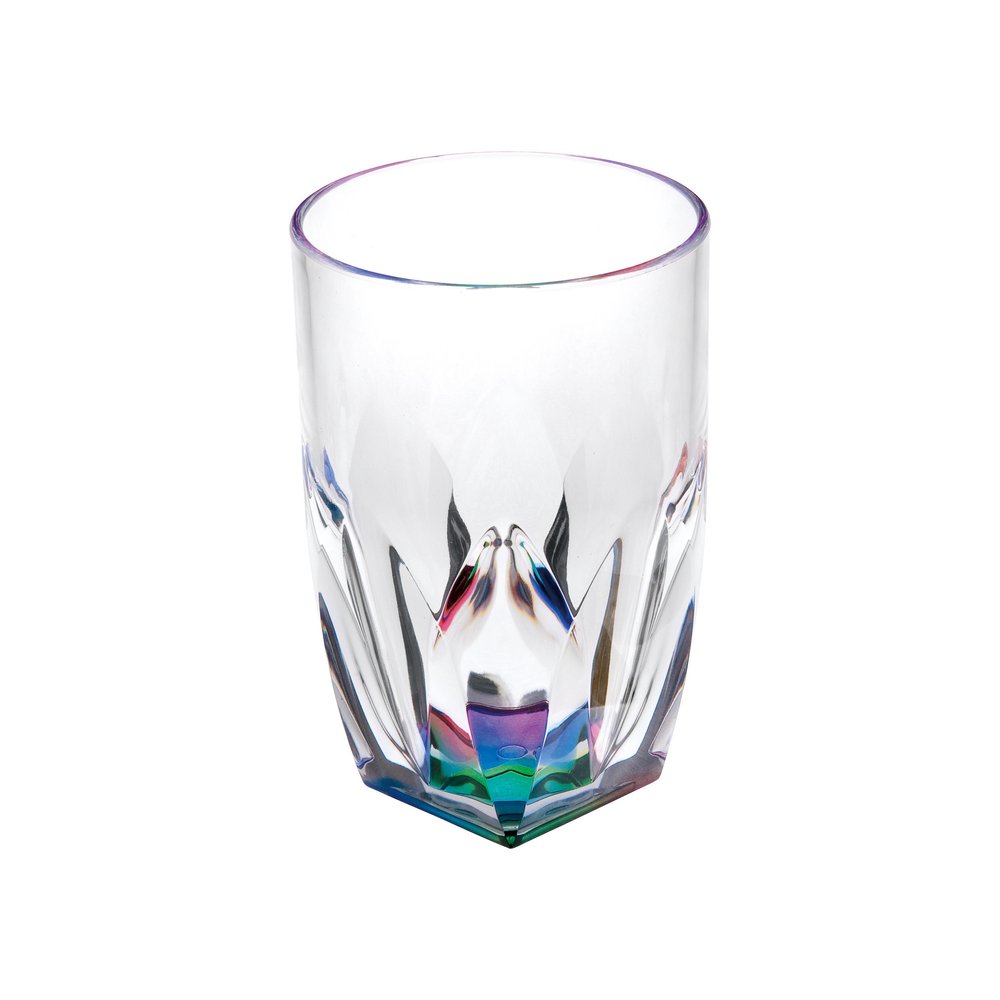 Juego de cuatro vasos altos de acrílico geométricos transparentes y arcoíris
