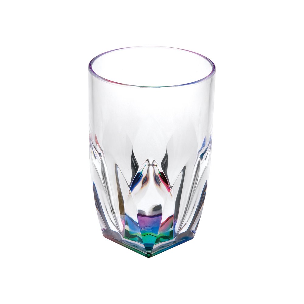 Juego de cuatro vasos altos de acrílico geométricos transparentes y arcoíris