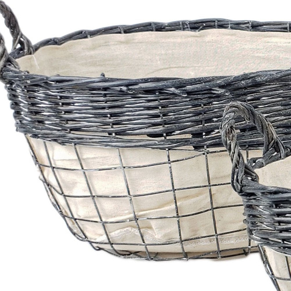 Set of Three Gray And Beige Iron And Wicker Baskets
