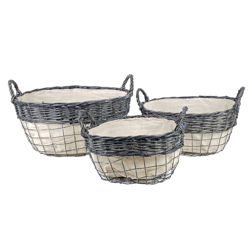 Set of Three Gray And Beige Iron And Wicker Baskets