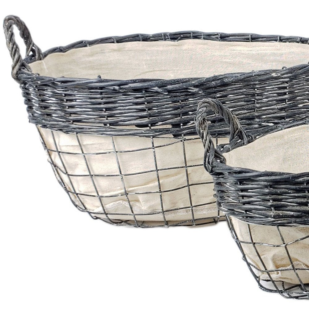 Set of Three Gray And Beige Iron And Wicker Baskets