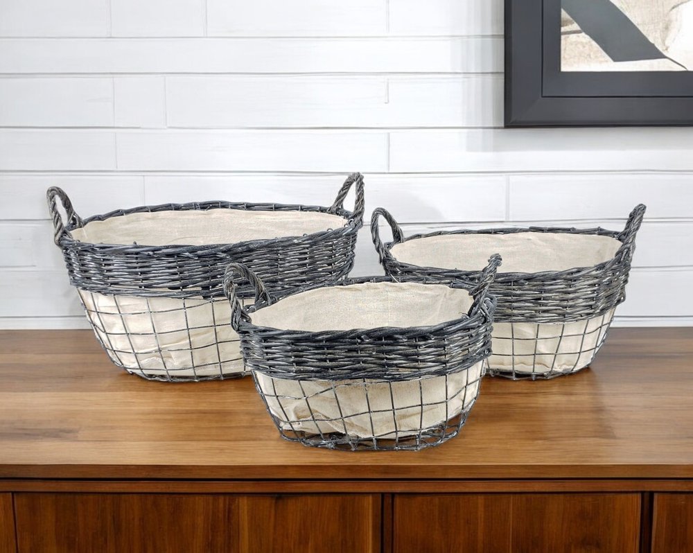 Set of Three Gray And Beige Iron And Wicker Baskets