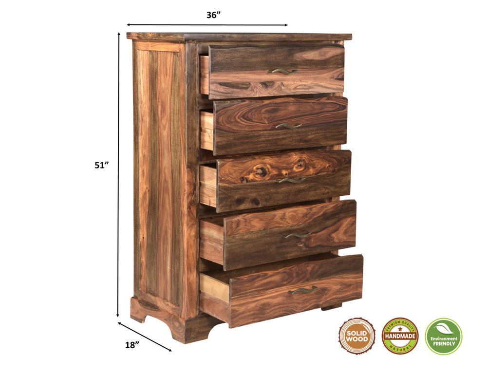 Cómoda de cinco cajones de madera maciza marrón oscuro de 36"