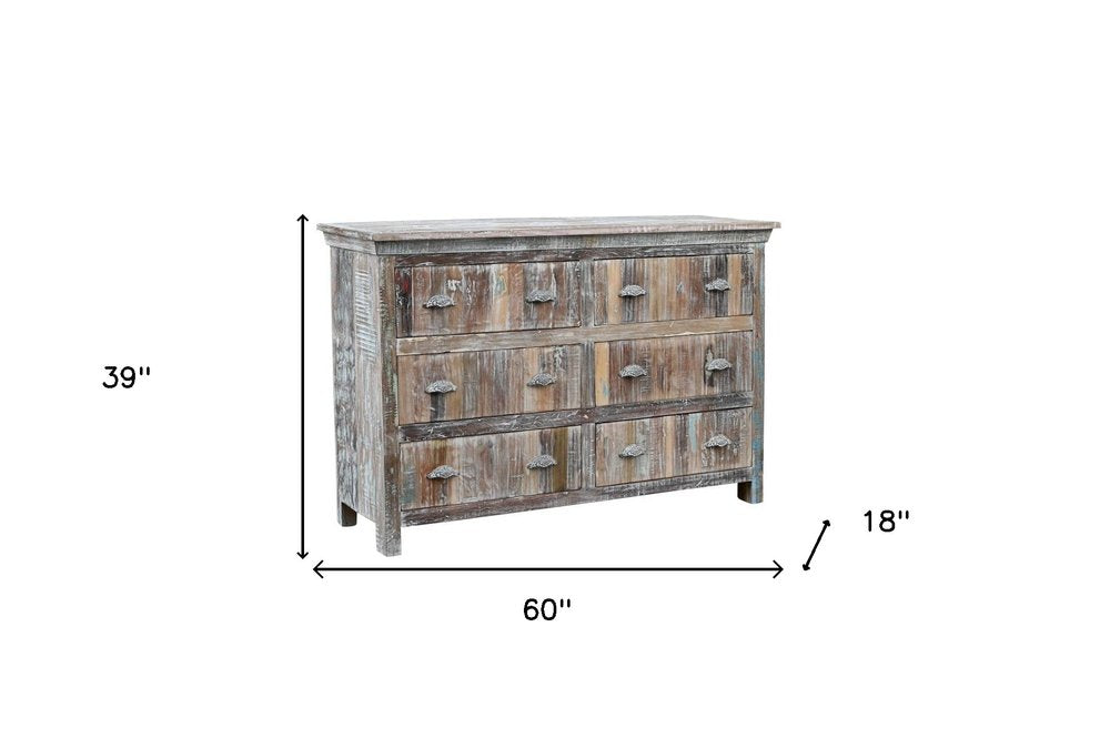 Cómoda doble de seis cajones de madera maciza blanca de 60"
