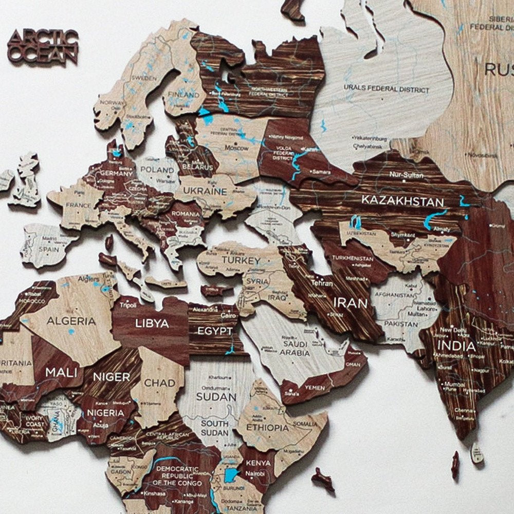 35" X 59" Brown and Beige Wood World Map Hanging Dimensional Sculpture
