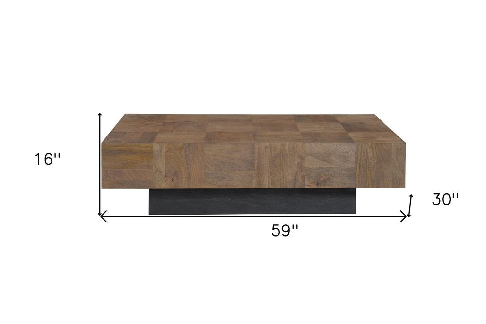 59" Dark Brown and Black Solid Wood Block Coffee Table