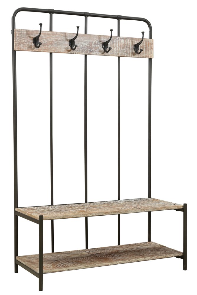 Perchero independiente de 180 cm con cuatro ganchos de madera maciza y metal negro y marrón