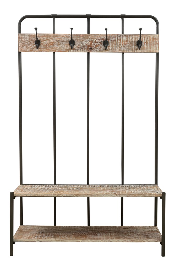 Perchero independiente de 180 cm con cuatro ganchos de madera maciza y metal negro y marrón
