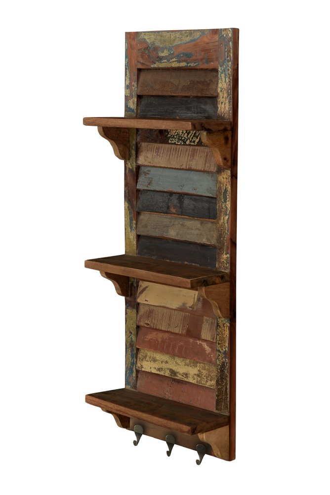 Estante de pared de madera recuperada de 86 cm, marrón y con pátina multicolor, con ganchos