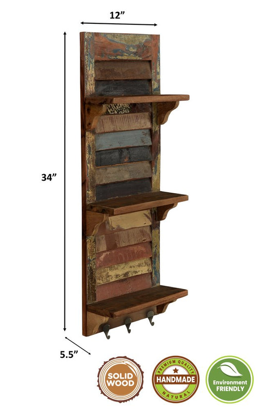 Estante de pared de madera recuperada de 86 cm, marrón y con pátina multicolor, con ganchos