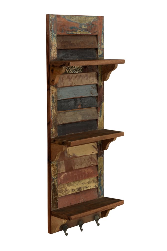Estante de pared de madera recuperada de 86 cm, marrón y con pátina multicolor, con ganchos
