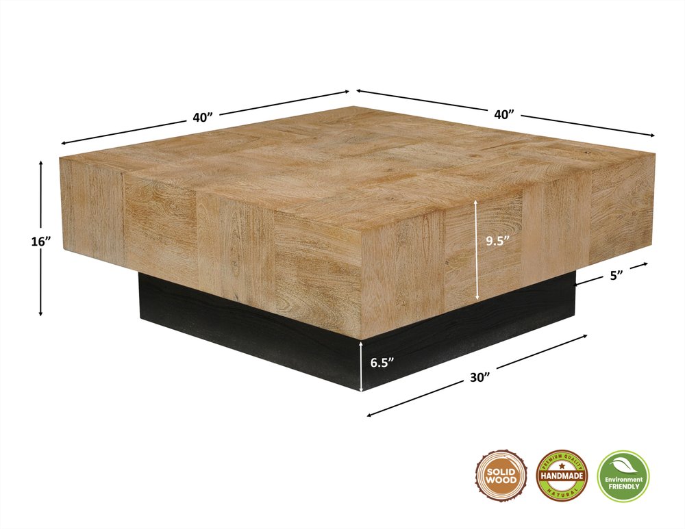 40" Brown and Black Solid Wood Square Block Coffee Table