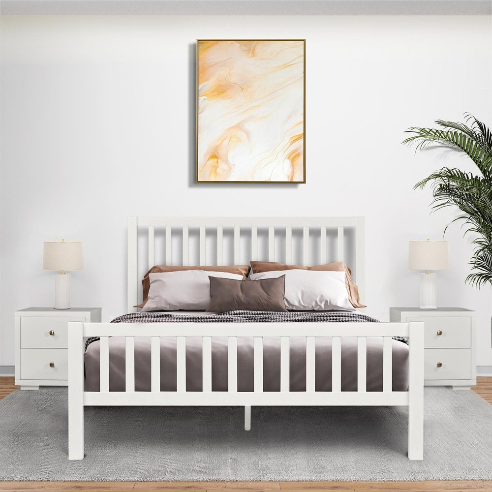 White Slat Back Solid Wood Queen Bed Frame