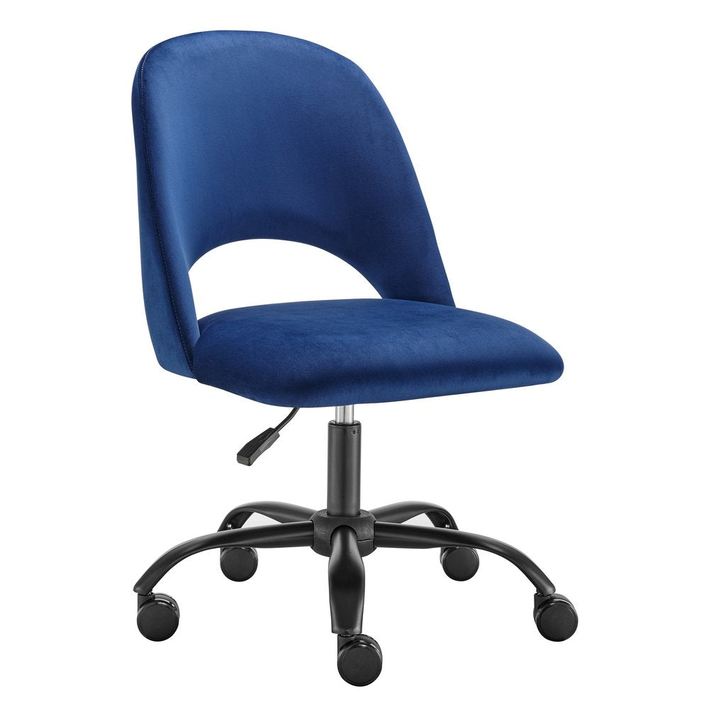 Blue And Black Steel And Velvet Adjustable Swivel Rolling Office Chair