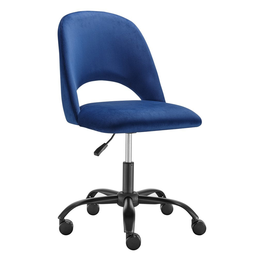 Blue And Black Steel And Velvet Adjustable Swivel Rolling Office Chair