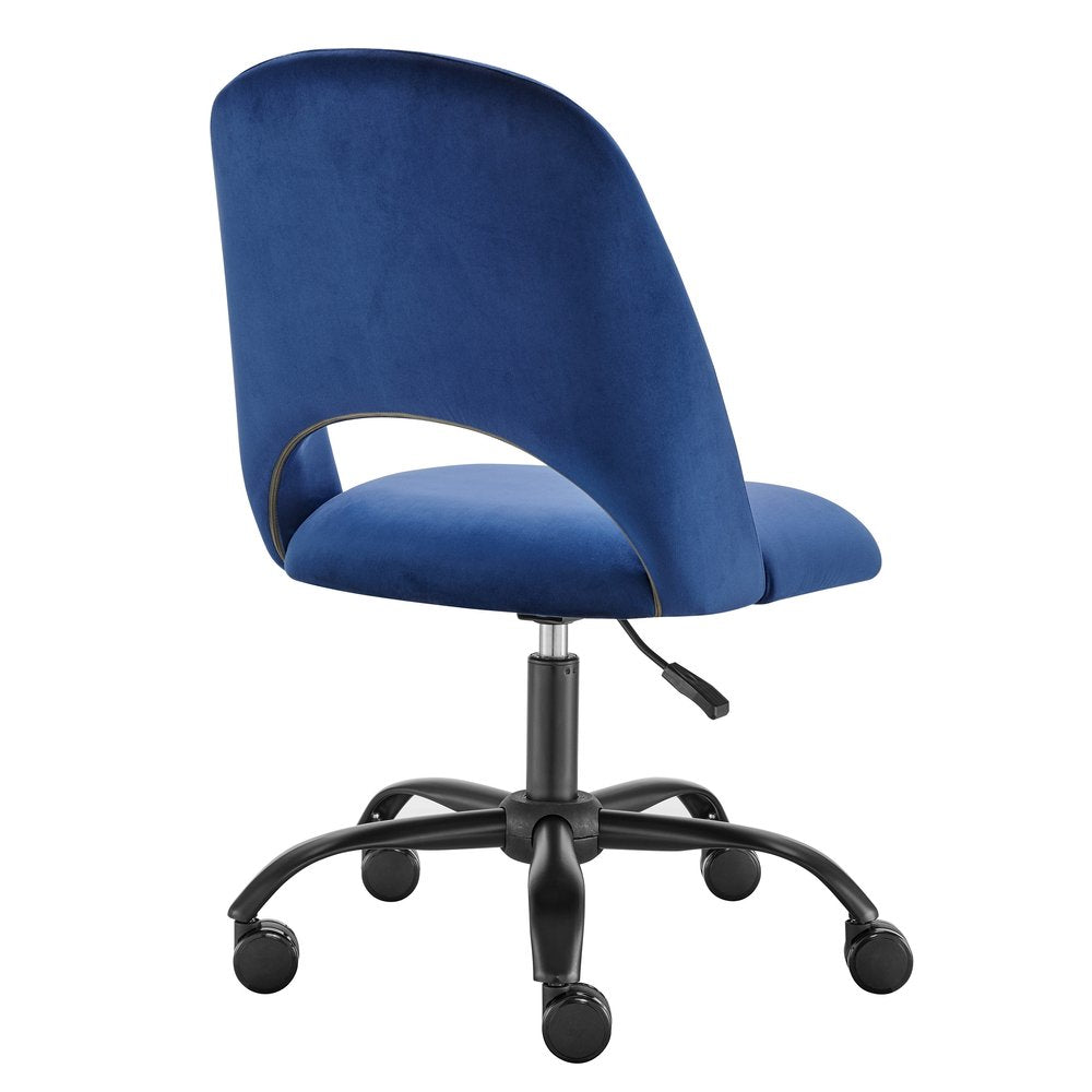 Blue And Black Steel And Velvet Adjustable Swivel Rolling Office Chair
