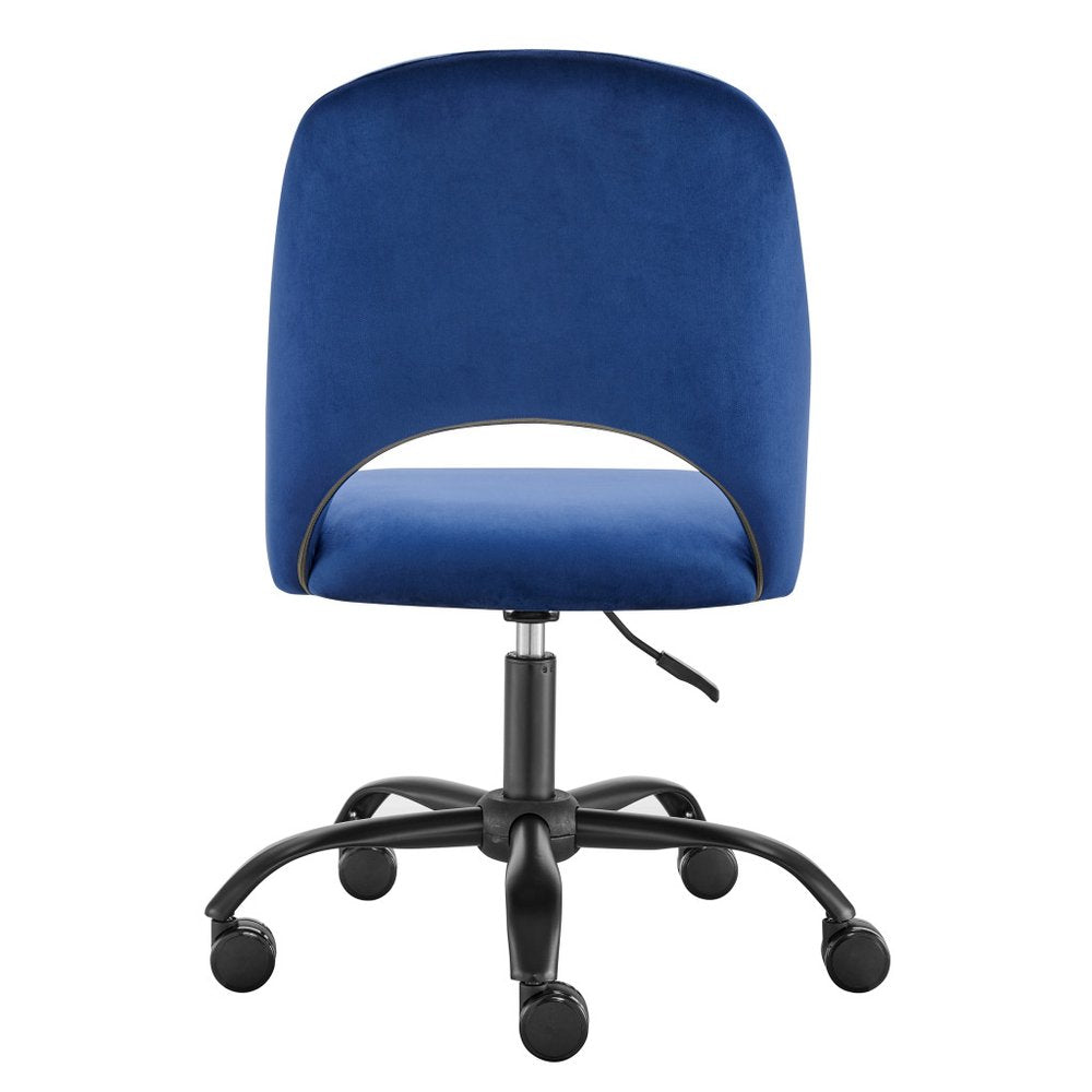 Blue And Black Steel And Velvet Adjustable Swivel Rolling Office Chair