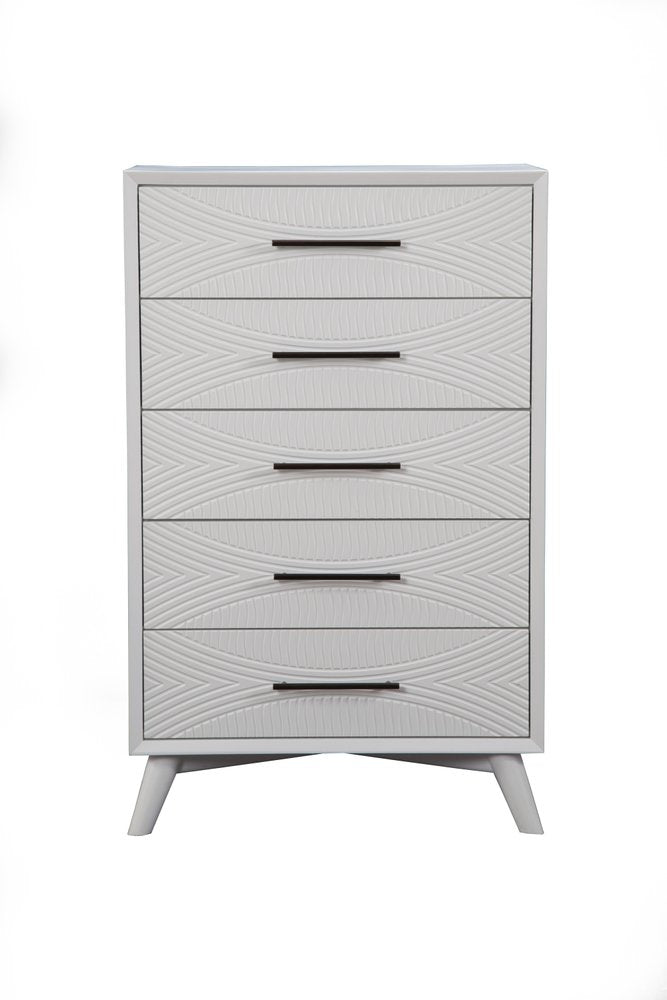 Cómoda de cinco cajones de madera maciza tallada geométrica blanca de 34"