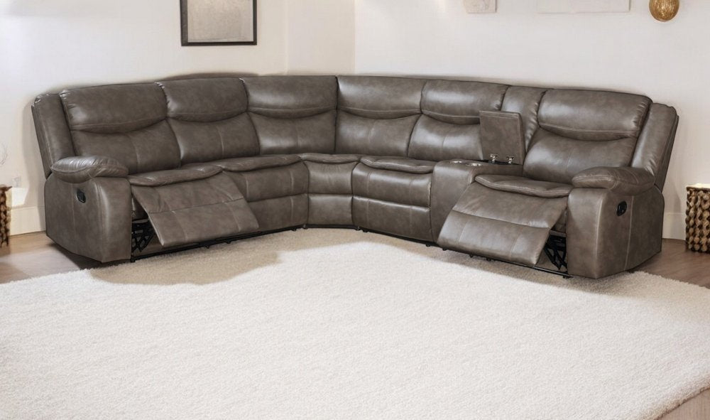 Seccional esquinero reclinable en forma de L de seis piezas de piel sintética color topo con consola