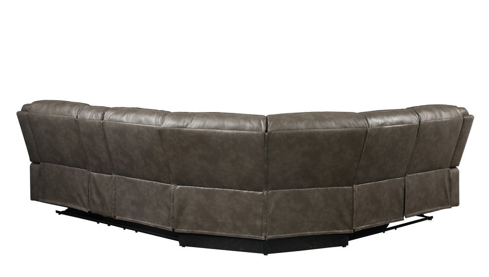 Seccional esquinero reclinable en forma de L de seis piezas de piel sintética color topo con consola