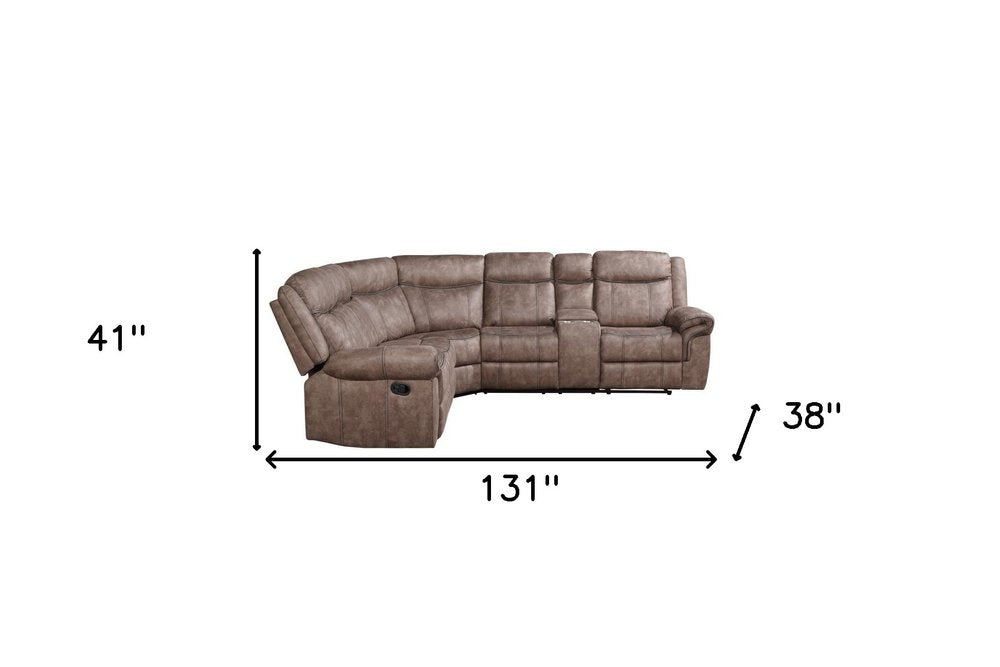 Seccional esquinero reclinable en forma de L de seis piezas en terciopelo chocolate con consola