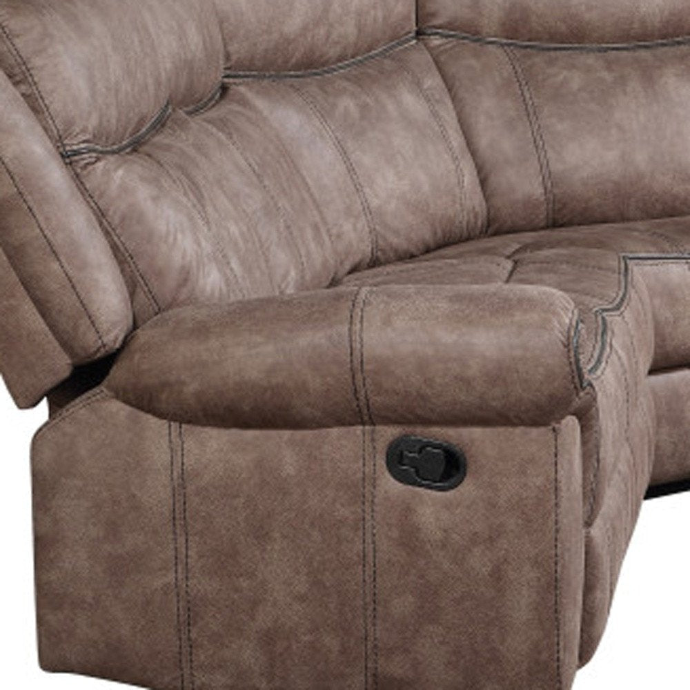 Seccional esquinero reclinable en forma de L de seis piezas en terciopelo chocolate con consola