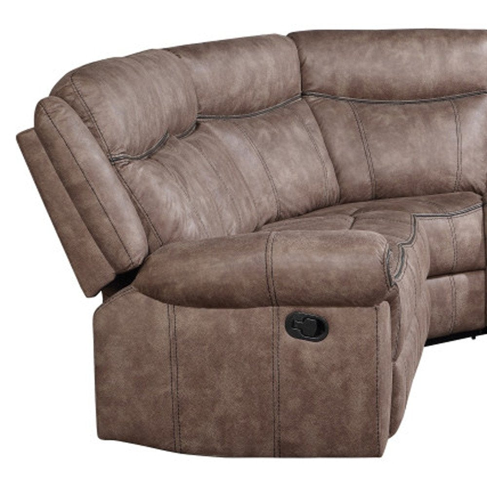 Seccional esquinero reclinable en forma de L de seis piezas en terciopelo chocolate con consola