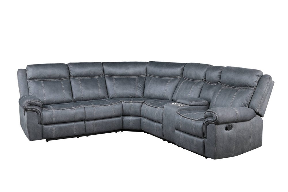 Seccional esquinero reclinable en forma de L de terciopelo gris de seis piezas con consola