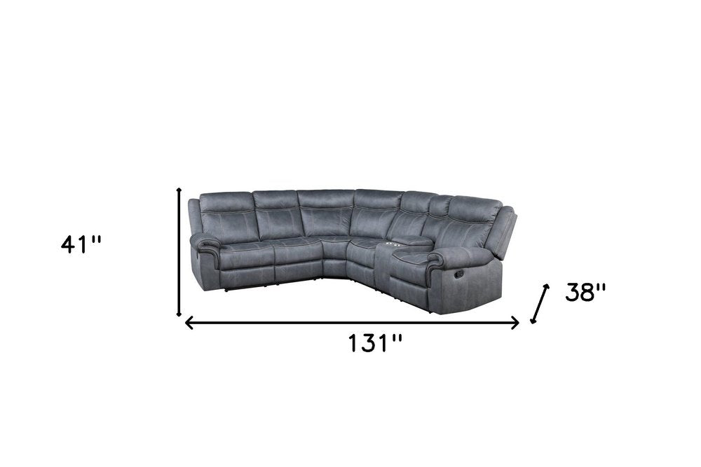 Seccional esquinero reclinable en forma de L de terciopelo gris de seis piezas con consola