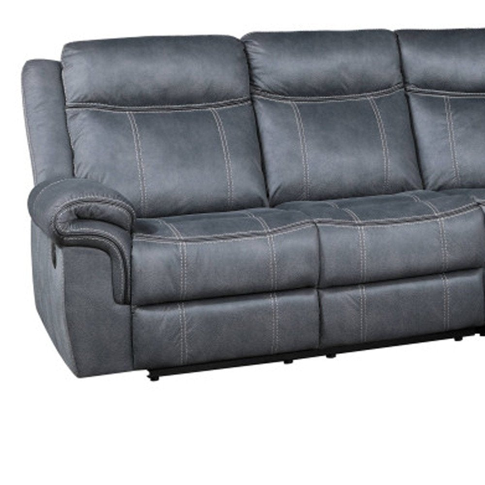 Seccional esquinero reclinable en forma de L de terciopelo gris de seis piezas con consola