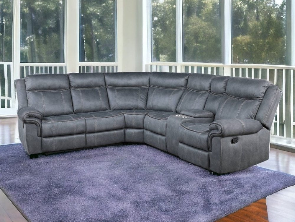 Seccional esquinero reclinable en forma de L de terciopelo gris de seis piezas con consola