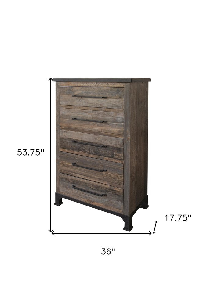 Cómoda de cinco cajones de madera maciza gris de 36"