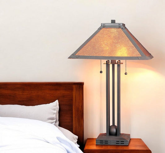 Lámpara de mesa cilíndrica de dos luces de metal gris de 25" con pantalla cuadrada ámbar