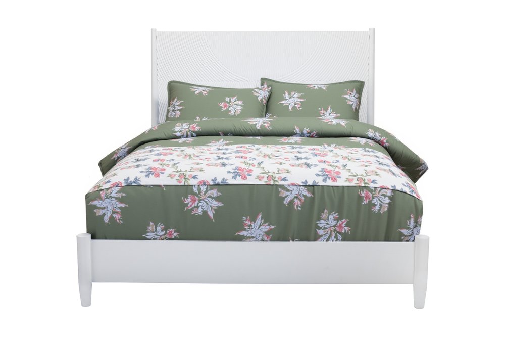 White Carved Geometric Solid Wood Queen Bed Frame
