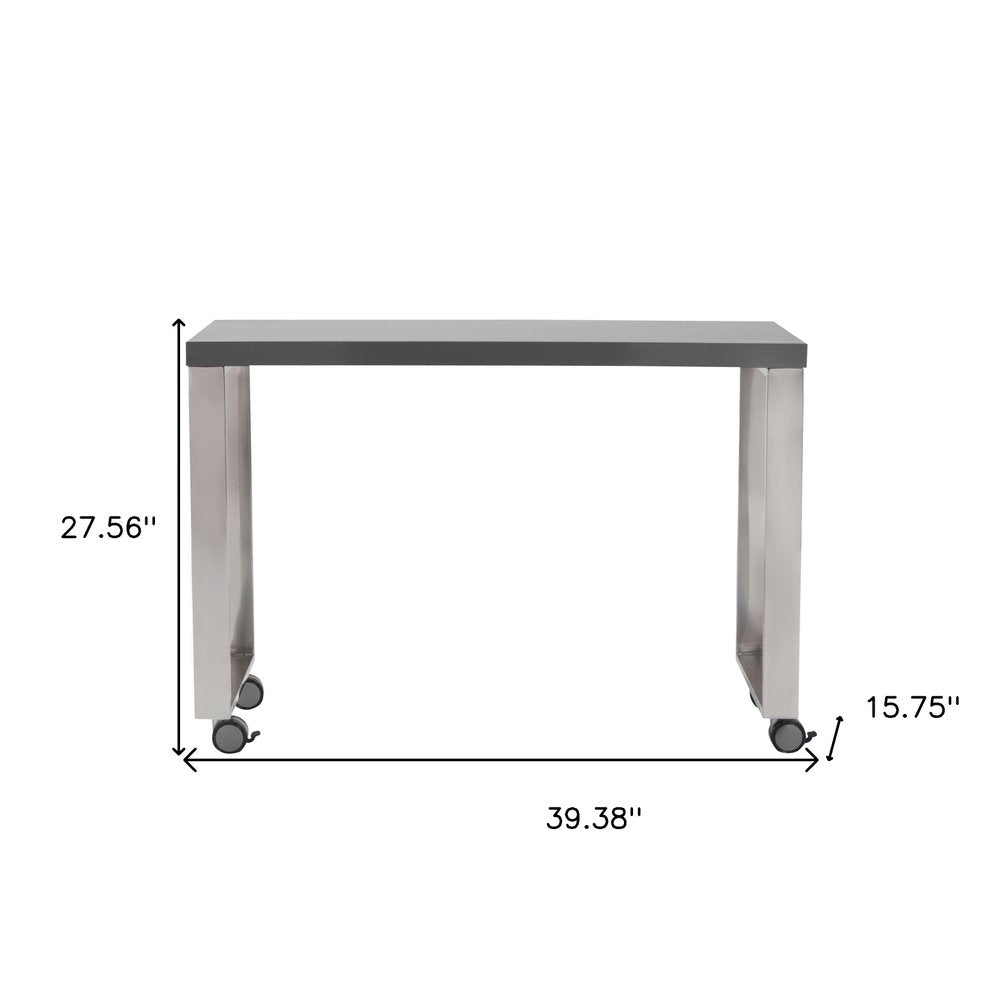 39" Gray and Silver Wood and Stainless Steel Rolling Sled Writing Desk