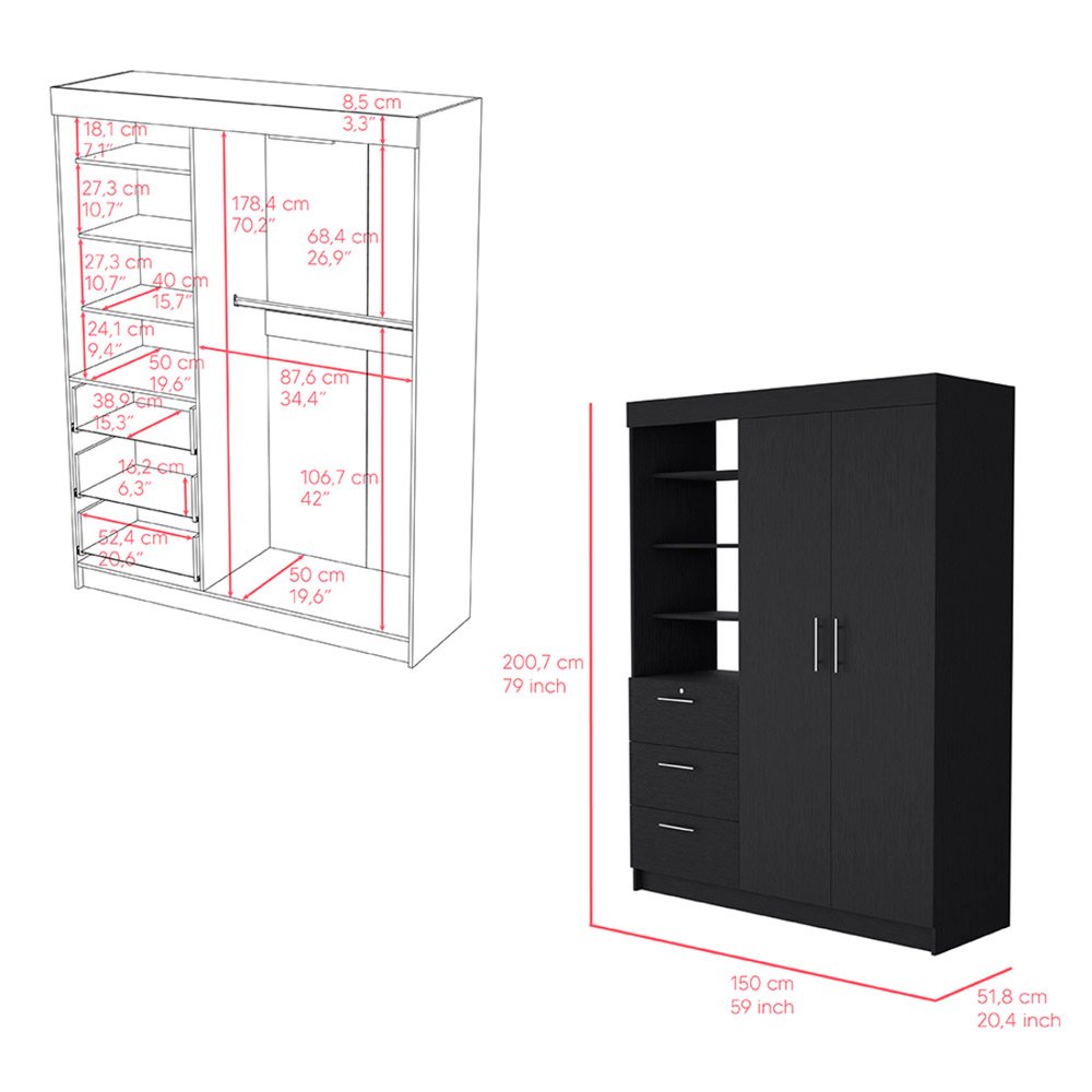 59" White Three Drawer Combo Dresser