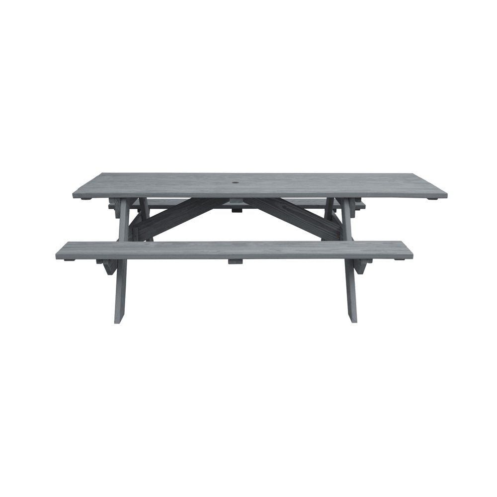 Mesa de picnic al aire libre de madera maciza gris con agujero para sombrilla