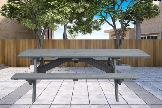 Mesa de picnic al aire libre de madera maciza gris con agujero para sombrilla