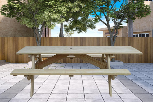 Mesa de picnic al aire libre de madera maciza beige con agujero para sombrilla