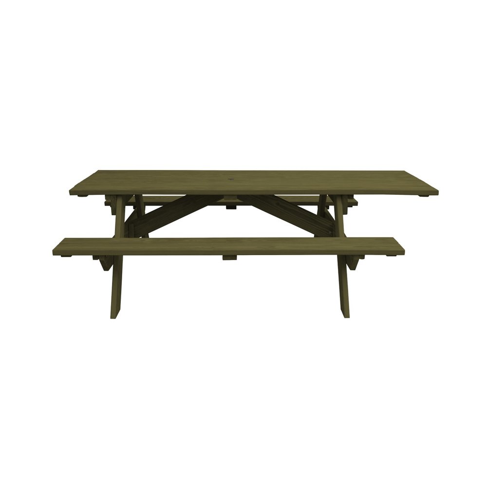 Mesa de picnic al aire libre de madera maciza verde con agujero para sombrilla