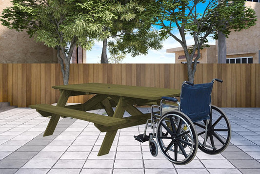 Mesa de picnic al aire libre de madera maciza verde con agujero para sombrilla