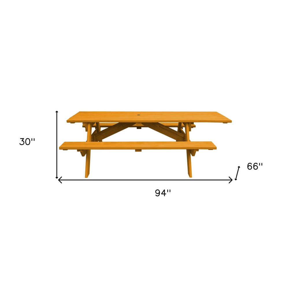Mesa de picnic al aire libre de madera maciza natural con agujero para sombrilla