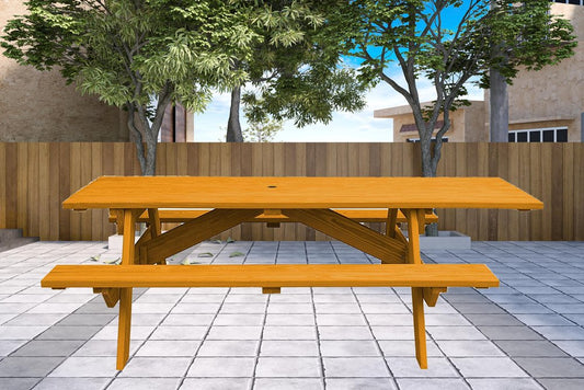 Mesa de picnic al aire libre de madera maciza natural con agujero para sombrilla