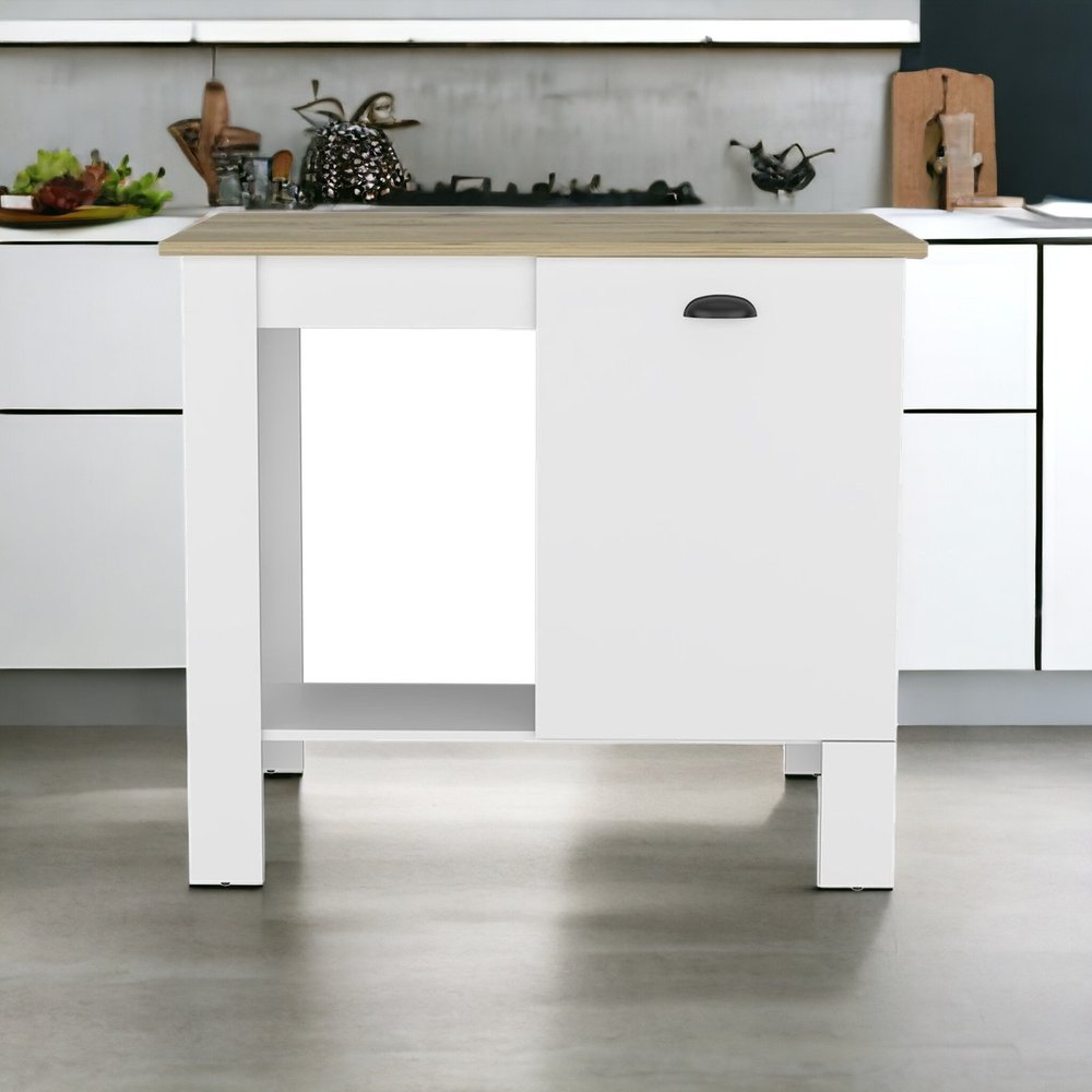 Isla de cocina blanca y natural de 35" con almacenamiento