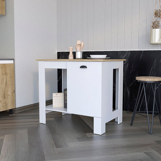 Isla de cocina blanca y natural de 35" con almacenamiento