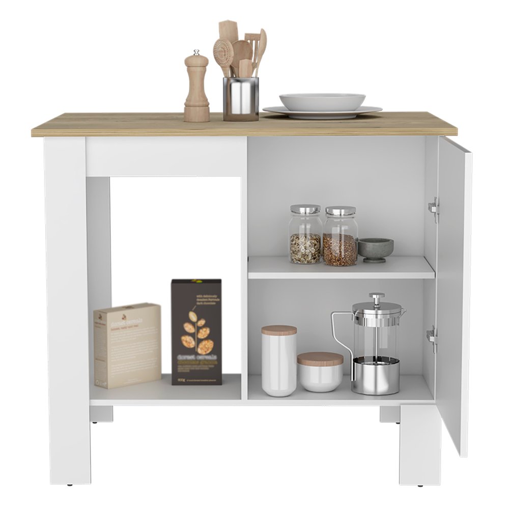 Isla de cocina blanca y natural de 35" con almacenamiento