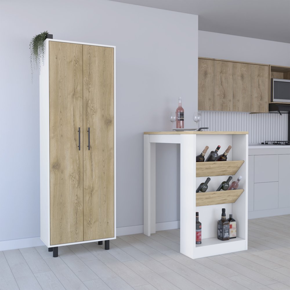 Set of Two Oak and White Wood Kitchen Island And Pantry Cabinet
