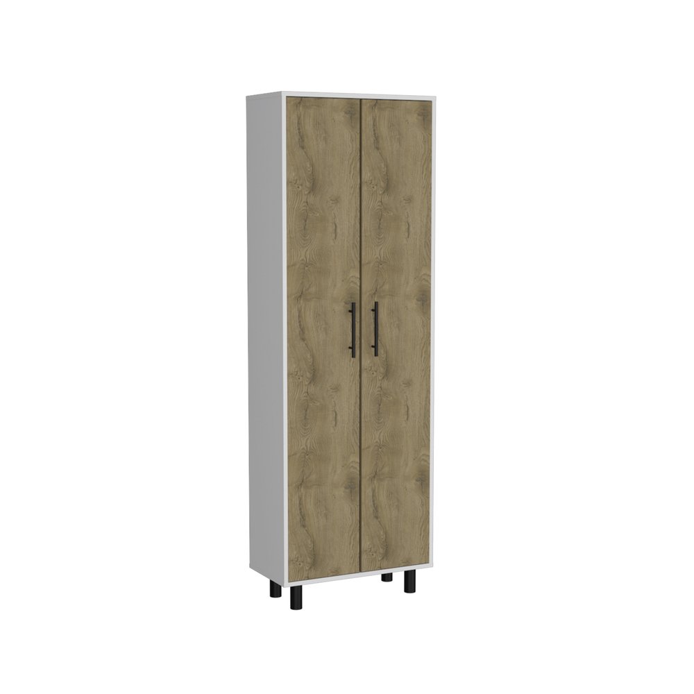 Set of Two Oak and White Wood Kitchen Island And Pantry Cabinet